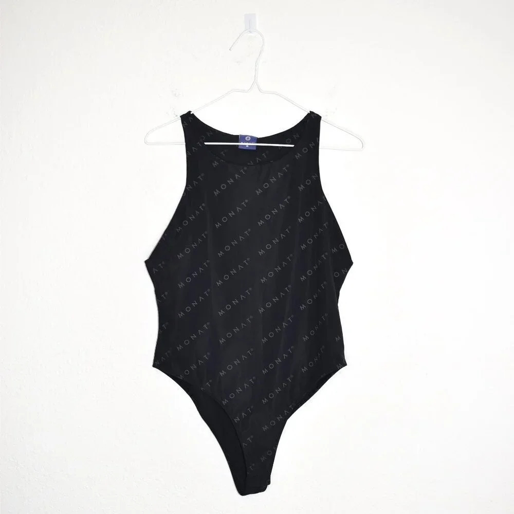 Monat Gear Bodysuit Sz L High Neck Logo Minimalist Neutral Contemporary Stretch